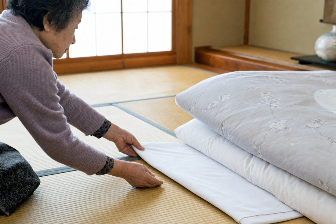 Sliding a mite sheet under a futon in Japan