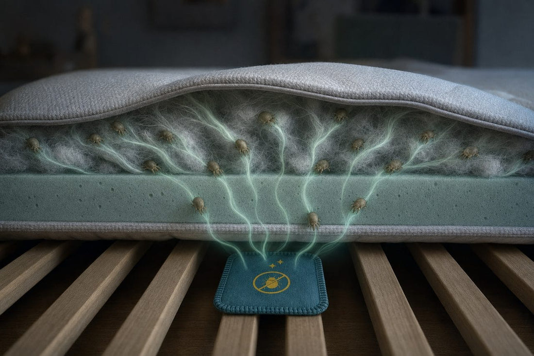 Pheromone trails rising from a Capture Card under the mattress, drawing dust mites down through the fibres