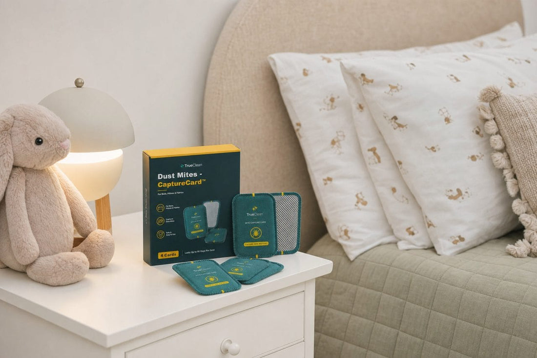 TrueClean Capture Cards on a toddler's bedside table