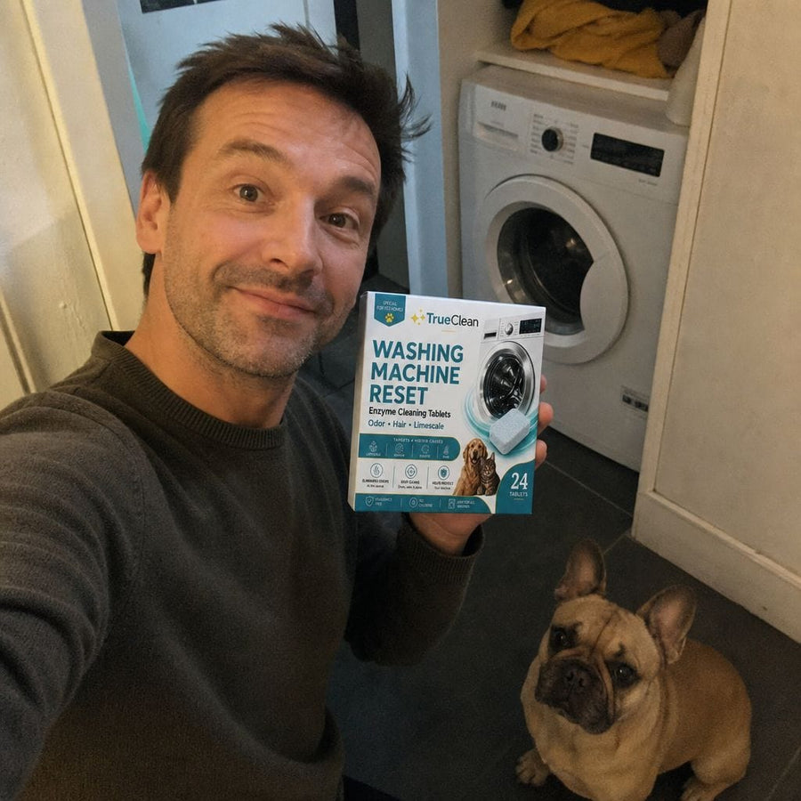 Pet-home customer showing TrueClean washer reset tablets