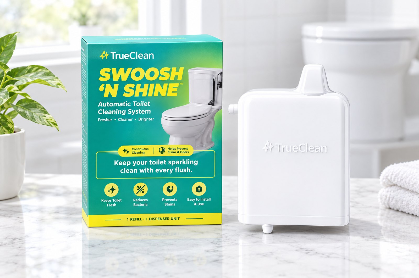 The Swoosh ’N Shine box next to the white TrueClean dispenser on a bathroom counter