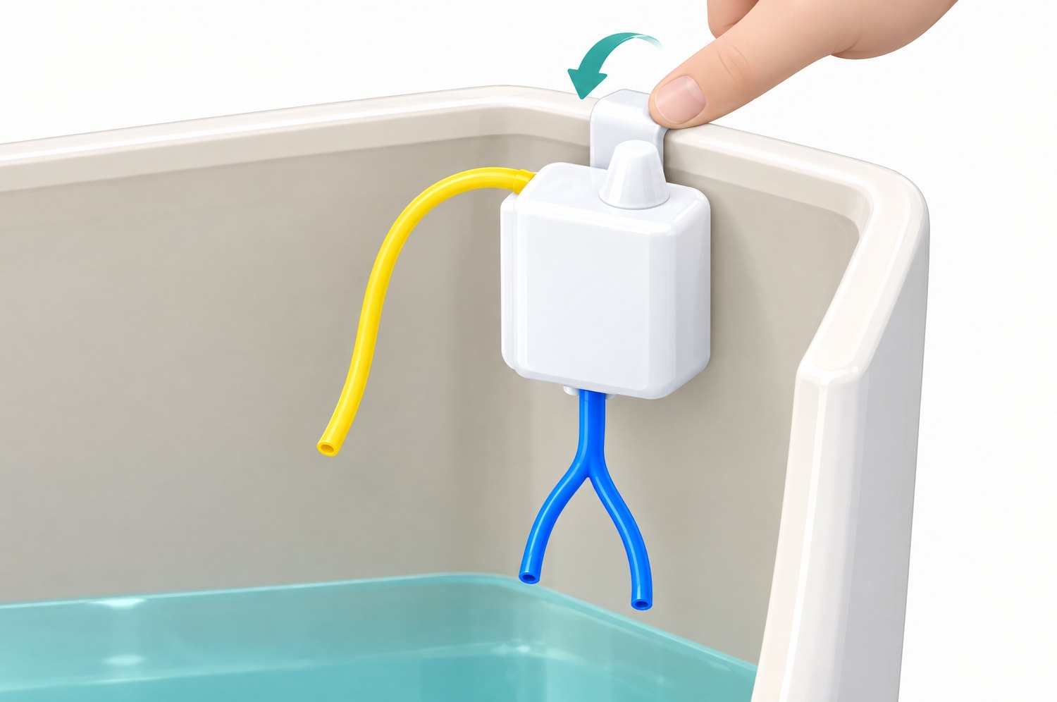 A thumb bends the flat clip over the tank wall so the dispenser hangs inside the tank