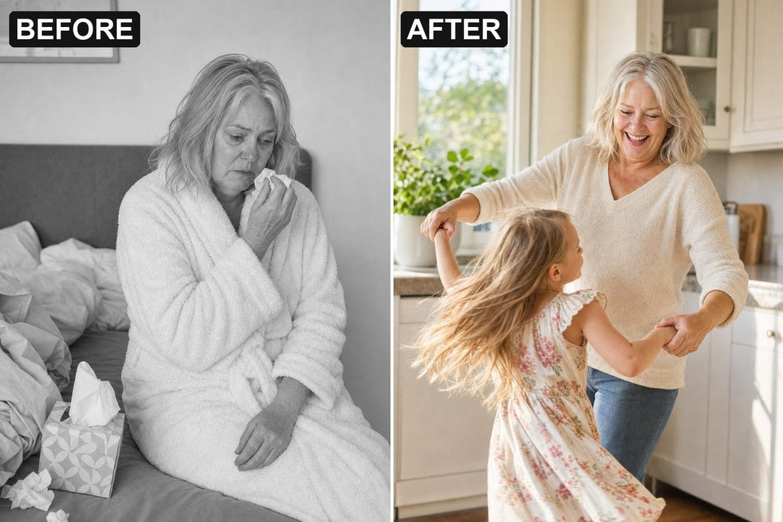 Sarah before, blocked on the edge of the bed, and after, laughing with her granddaughter
