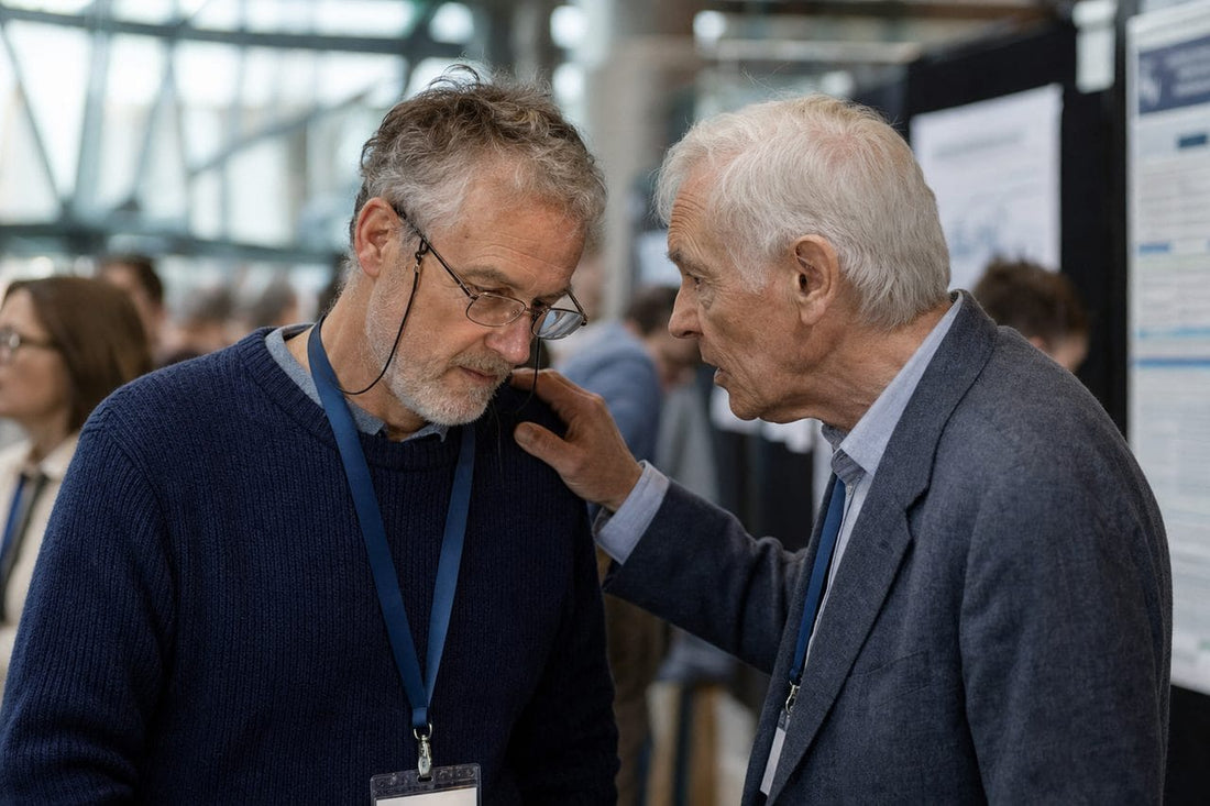 An older colleague pulls Dr Daniel Harris aside at a conference