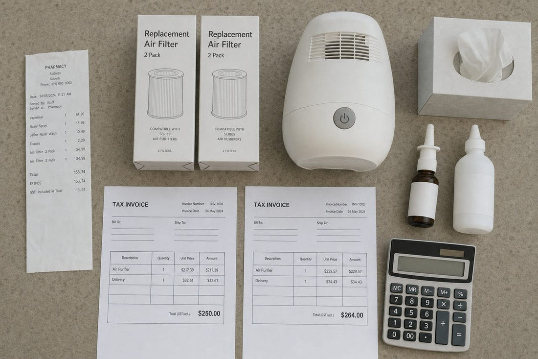 Receipts and invoices for filters, a vaporiser, sprays, an ENT visit and a steam clean