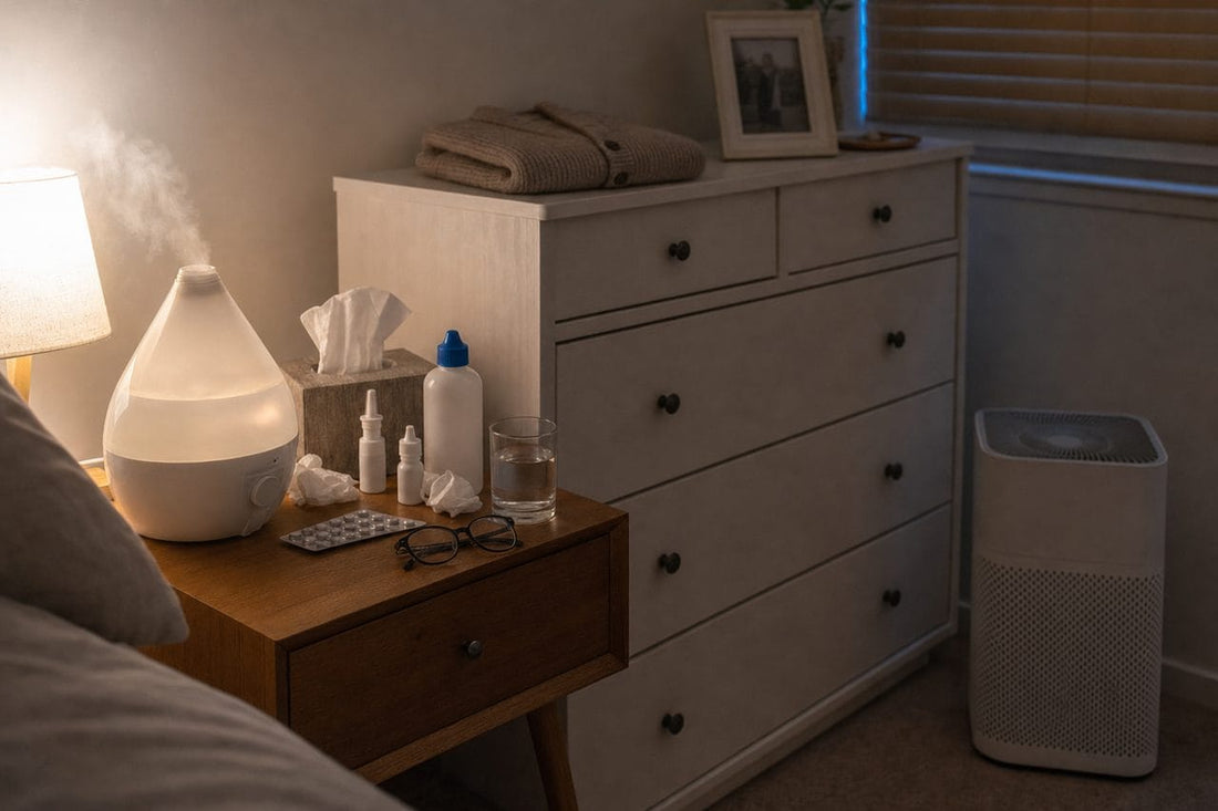 Bedside table crowded with a vaporiser, nasal sprays, saline and tissues