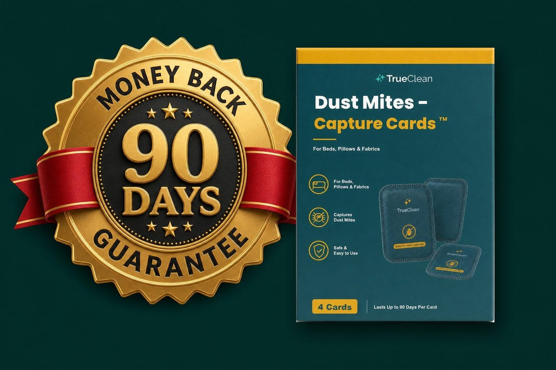 90 day money back guarantee seal beside a box of TrueClean Capture Cards