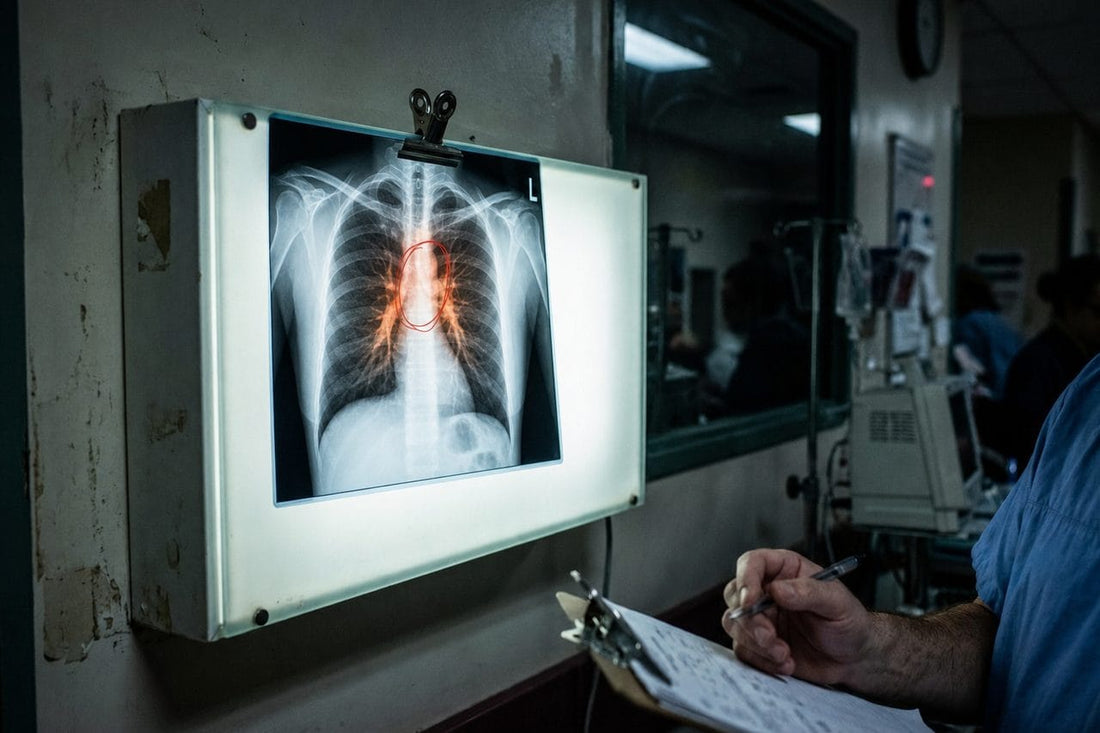 Sarah's chest X-ray on the emergency lightbox, inflamed airways circled in red