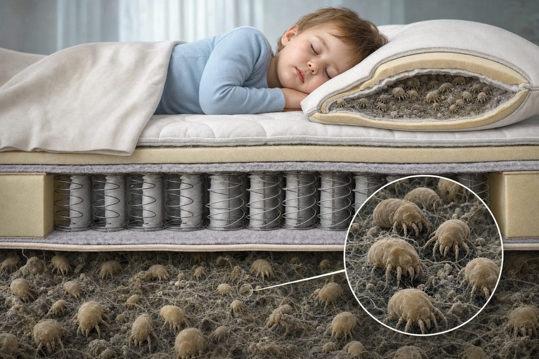 Cutaway of a child's mattress showing where dust mites live