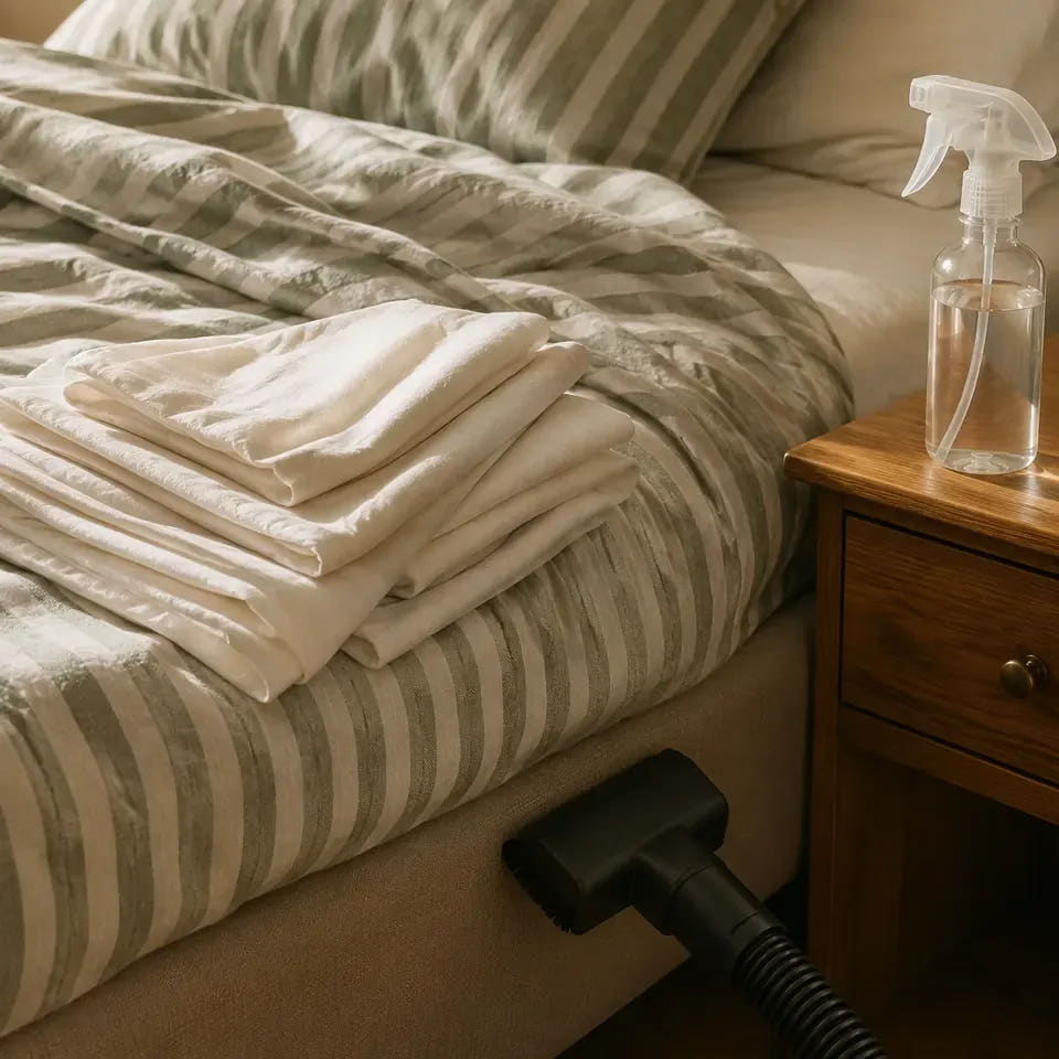 Freshly laundered sheets, an upholstery vacuum nozzle and an unbranded spray bottle beside a bed