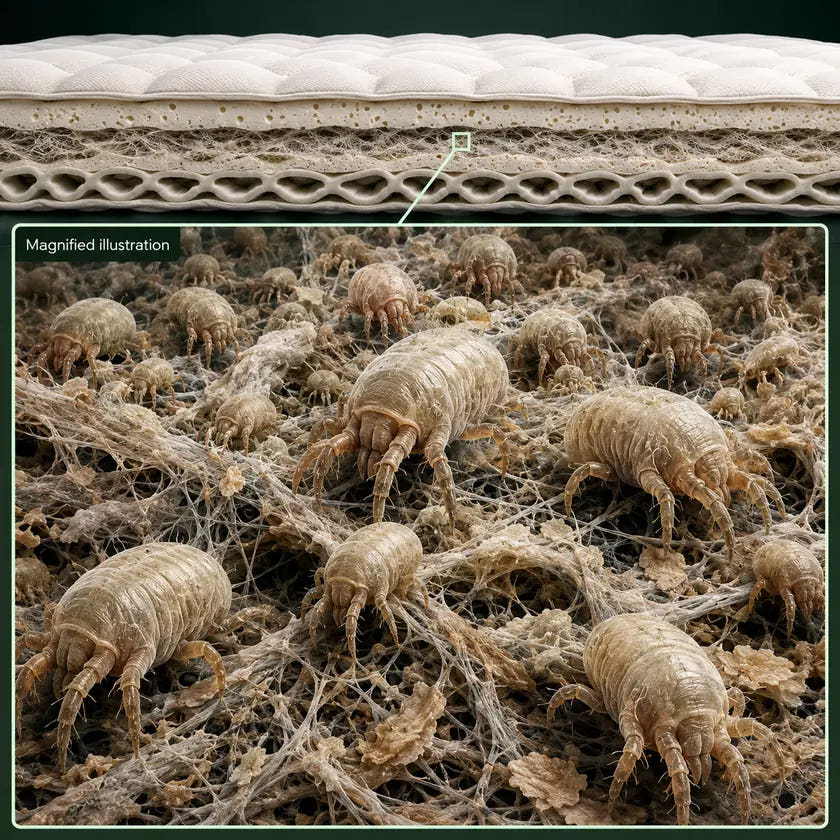 Schematic mattress cross-section with a separate magnified inset showing dust mites; illustration not to scale