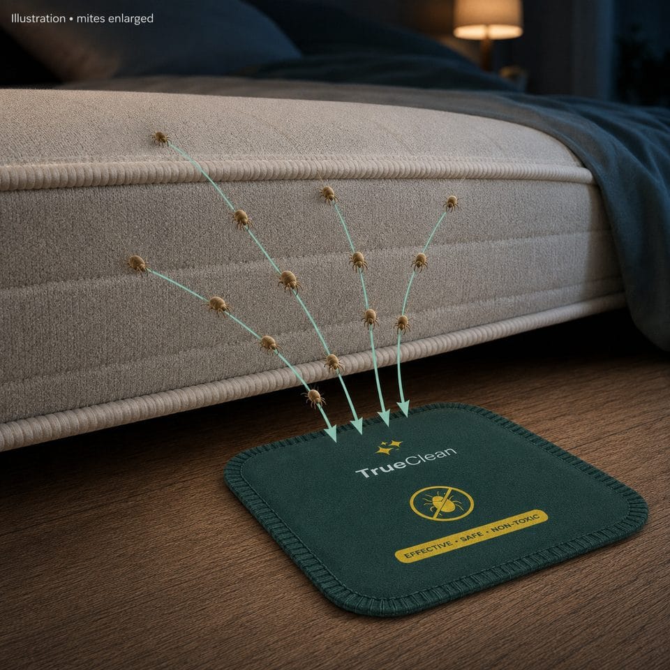 Schematic illustration with arrows pointing from the mattress toward a sealed current CaptureCard; mites shown enlarged, not to scale