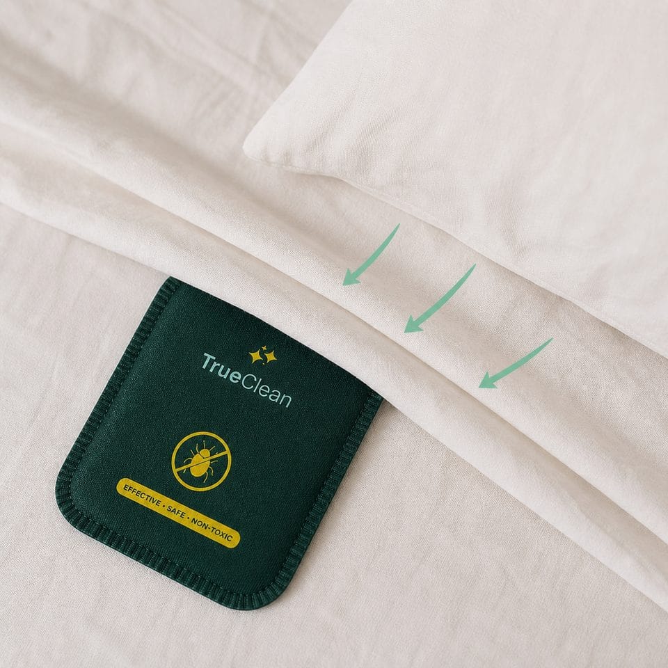 Current sealed CaptureCard beside a pillow under a sheet, with illustrative arrows pointing toward the card