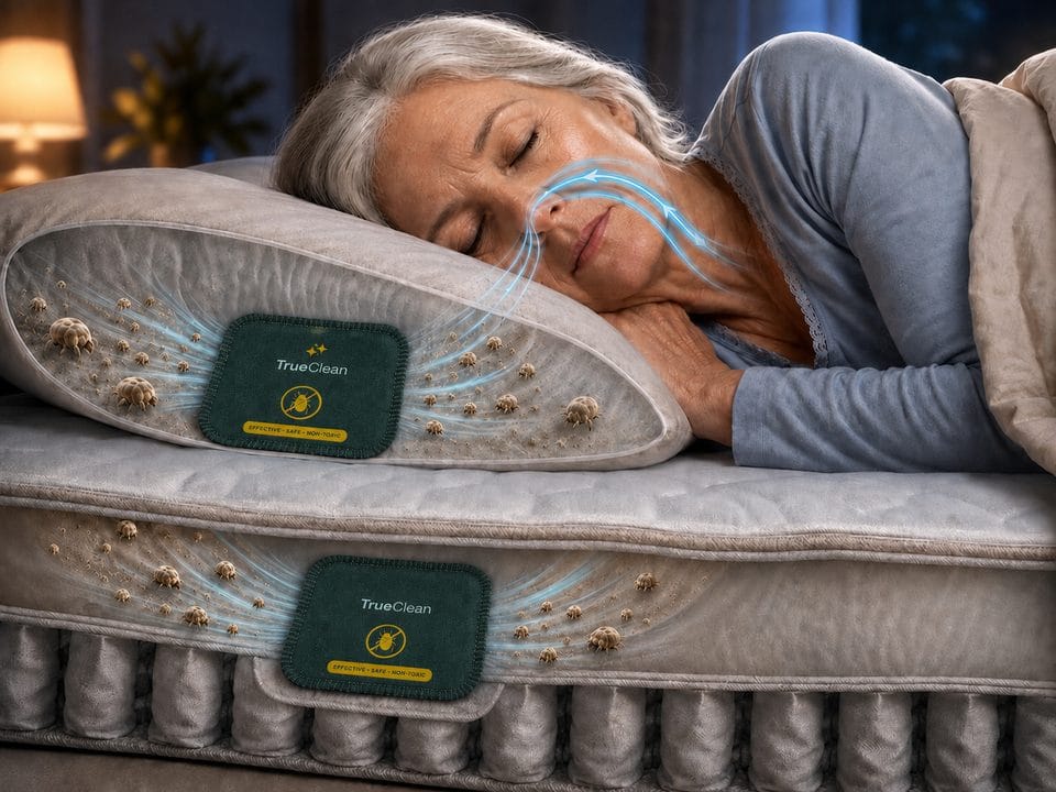 Illustrative sleep cutaway with current CaptureCards; enlarged mites and arrows are schematic