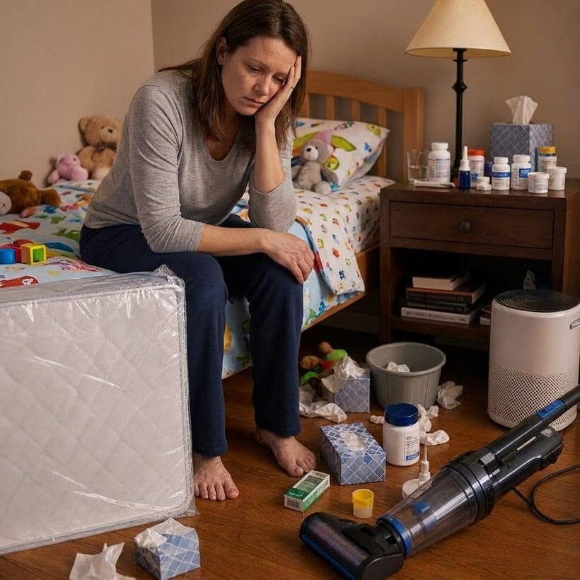 Tired mum in her child's bedroom surrounded by failed dust mite fixes