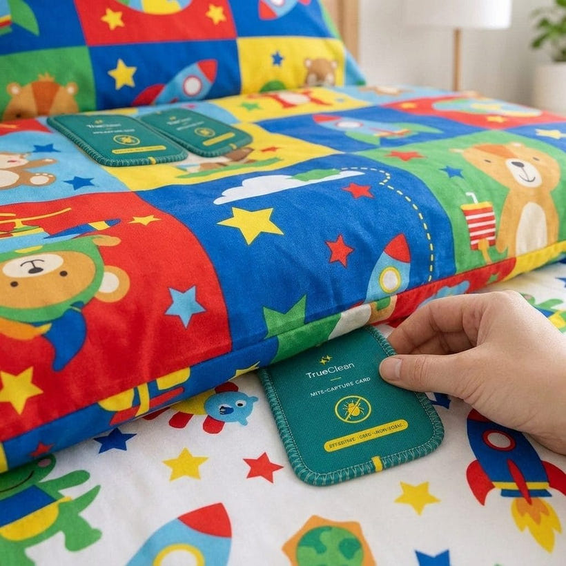 Hand sliding a CaptureCard under a child's mattress