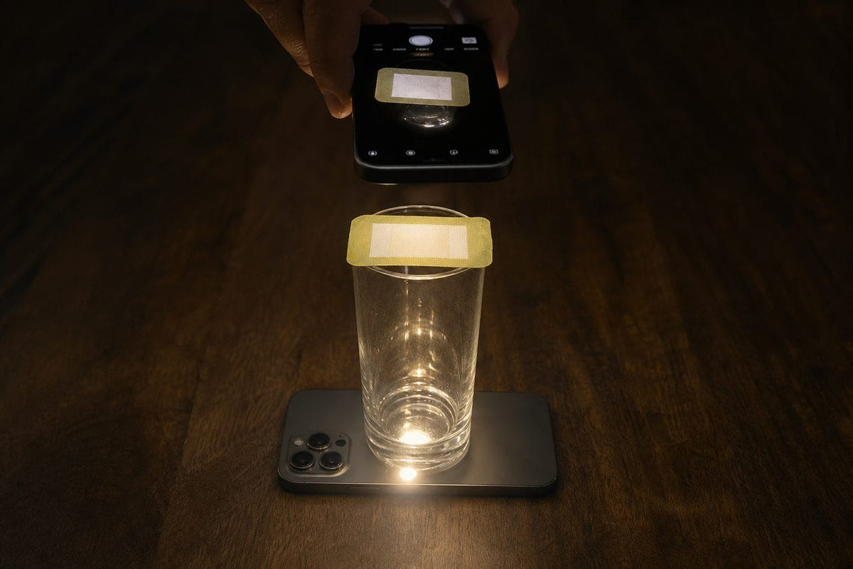 Insert glowing on a glass over a phone flashlight