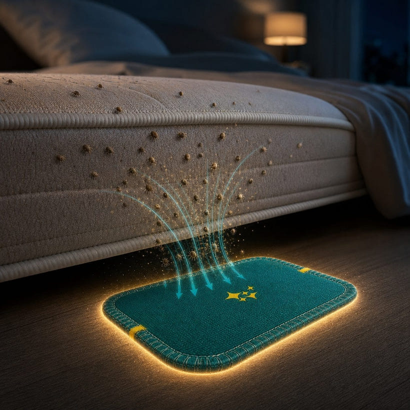 CaptureCard lure field pulling mites from mattress toward the card