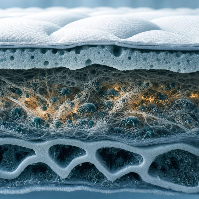 Mattress cross-section showing dust mites deep inside foam and fibers