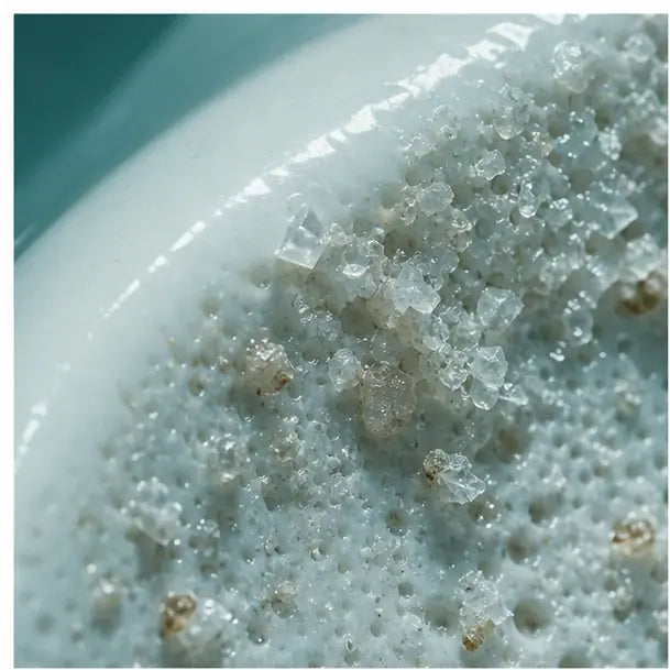 thumbnail — extreme close-up of a porcelain surface under magnification, showing crystalline mineral deposits bonded to it.