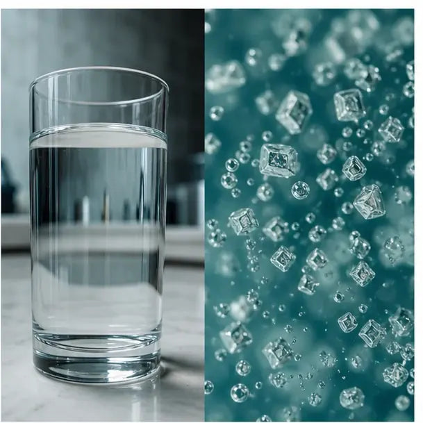 thumbnail — split image: glass of clear tap water on the left, magnified version on the right showing calcium and magnesium ions floating in it.
