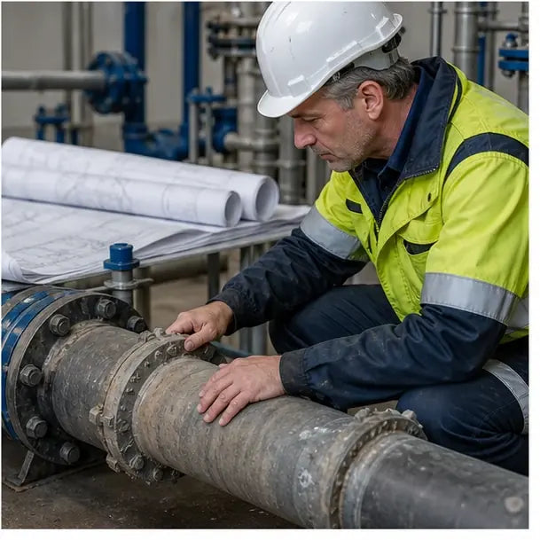 thumbnail — European water-utility worker in safety vest inspecting a section of municipal pipe, technical drawings in background.