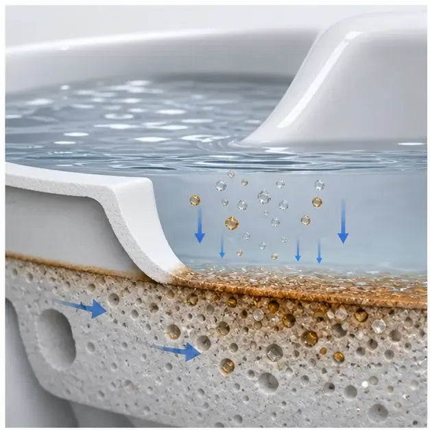 thumbnail — cross-section diagram of porcelain with arrows showing minerals settling at the waterline.