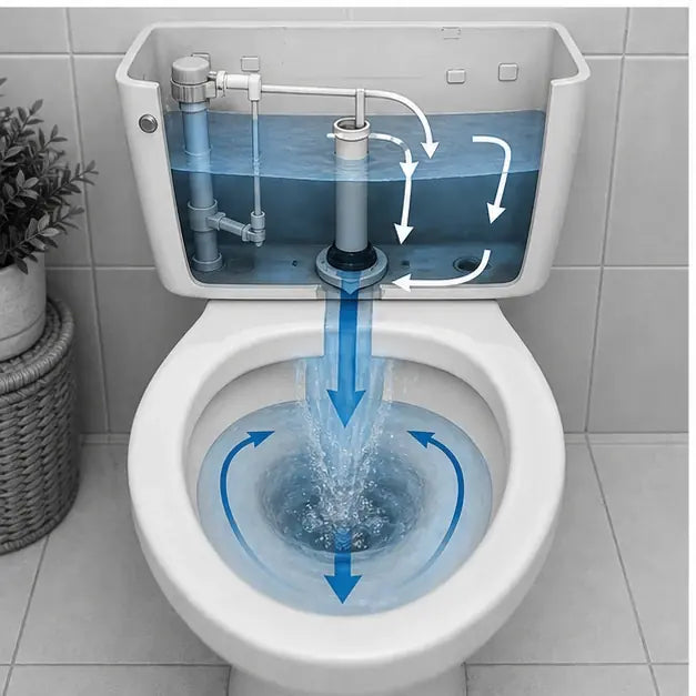 thumbnail — bathroom toilet with arrows showing tank water being treated before flushing — implies the mechanism applies inside the home.
