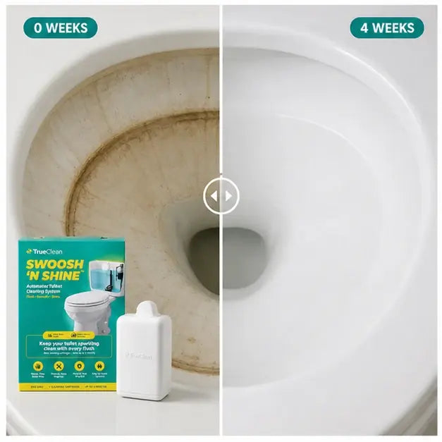 thumbnail — before/after split of one toilet at 0 weeks vs. 4 weeks of cartridge use, ring completely gone.