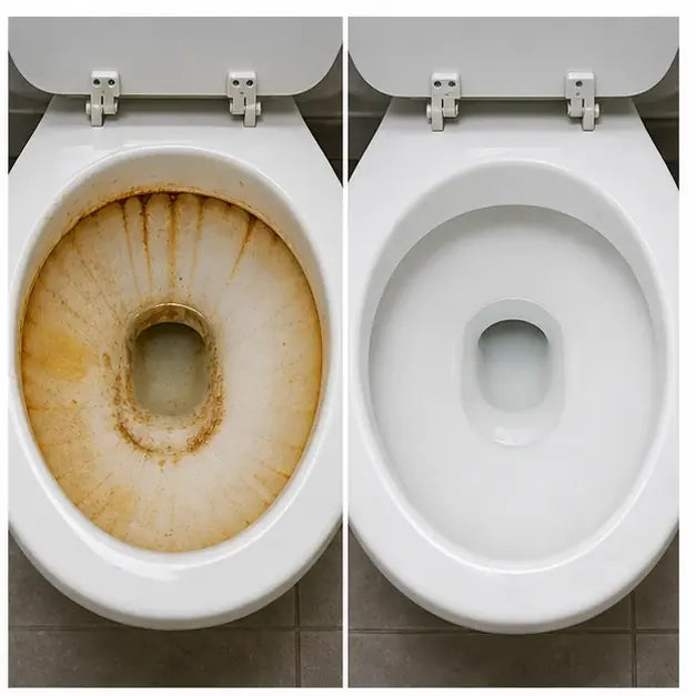 thumbnail — before/after of a well-water bowl with severe orange iron staining → fully clear.