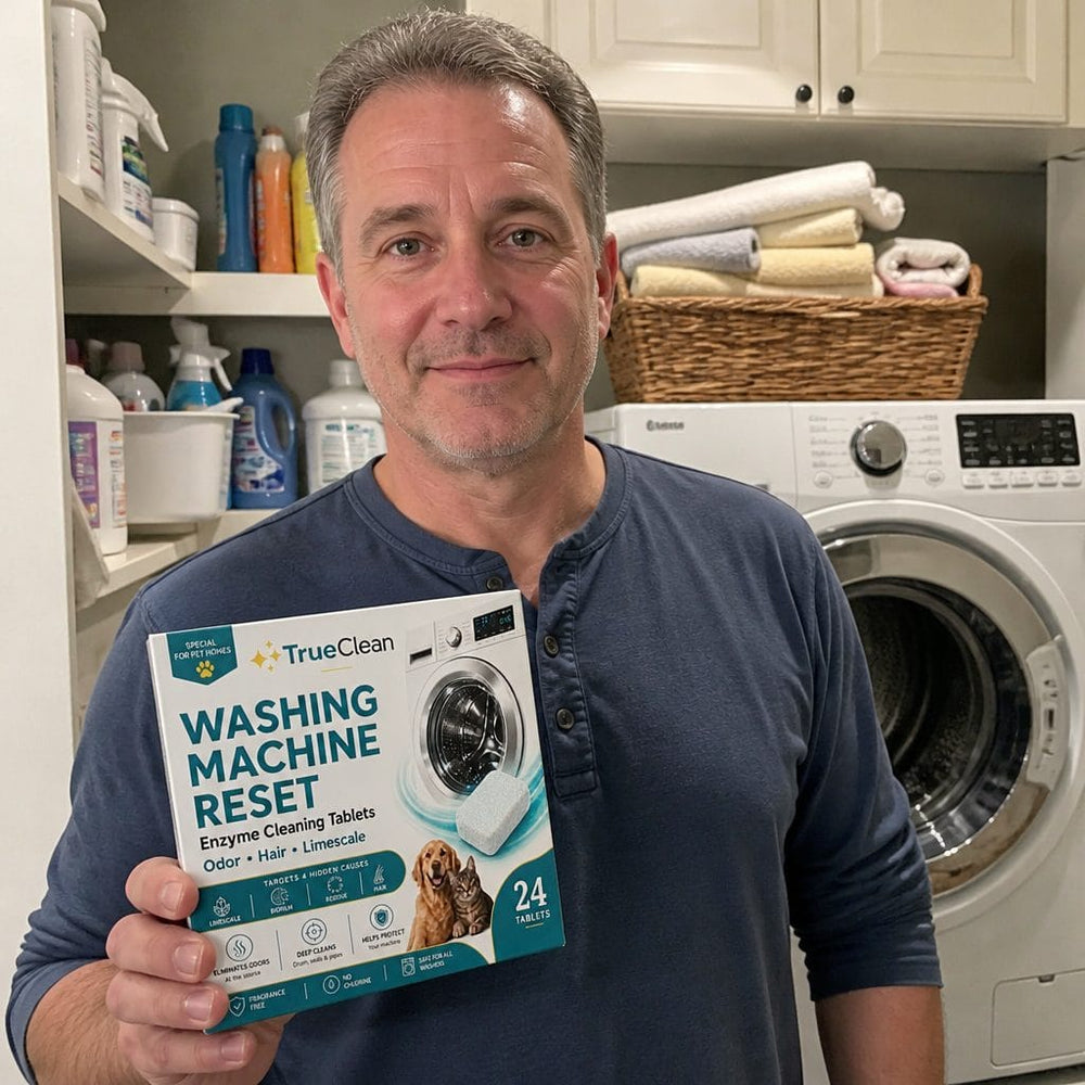 The founder and small team behind TrueClean in their formulation and laundry-test workspace, holding the Washing Machine Reset box
