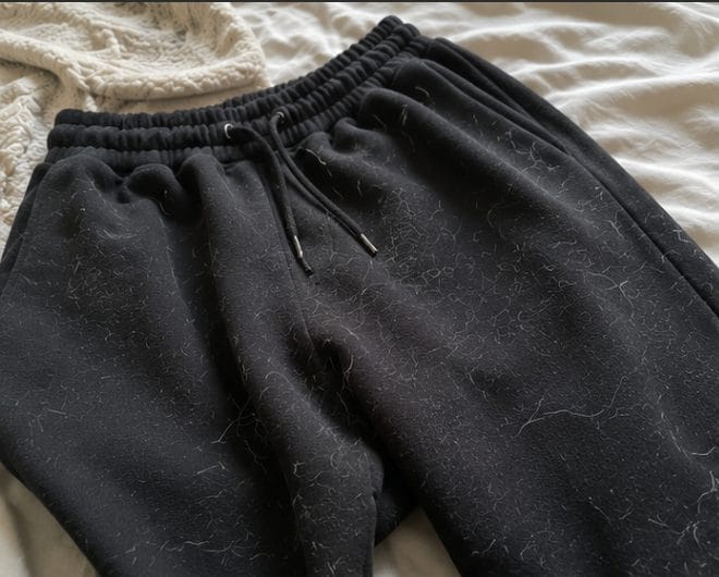 Schwarze Hose auf einem Bett, nach dem Waschen voller Tierhaare