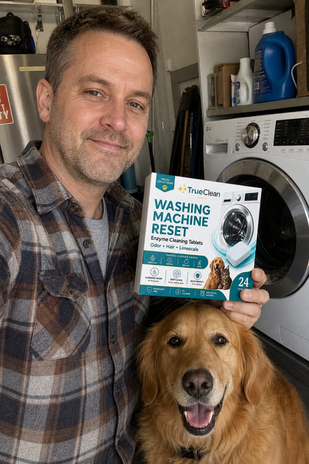 Georg hält TrueClean Washing Machine Reset, neben ihm sein Hund