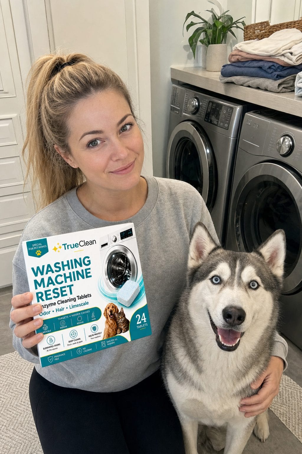 Rebekka hält TrueClean Washing Machine Reset in ihrem Hauswirtschaftsraum