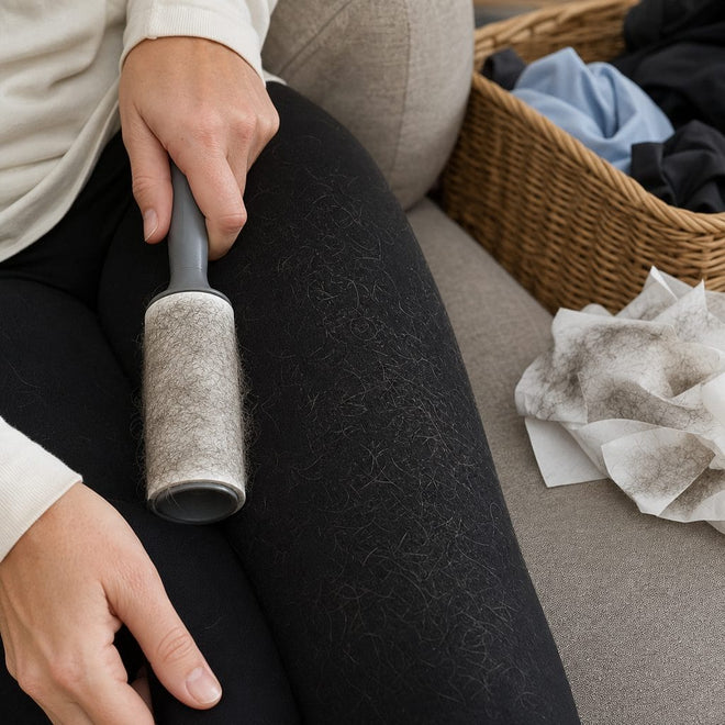 Fusselrollen-Blätter voller Tierhaare neben schwarzen Leggings