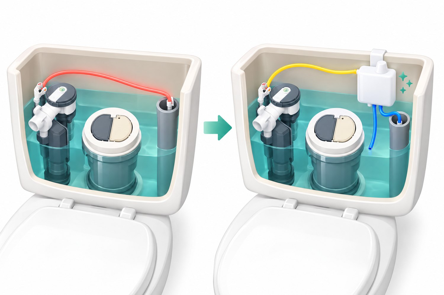 Before: a thin hose (in red) inside the tank. After: the hose is gone and the dispenser hangs in the tank with a yellow tube and a blue tube in its place.